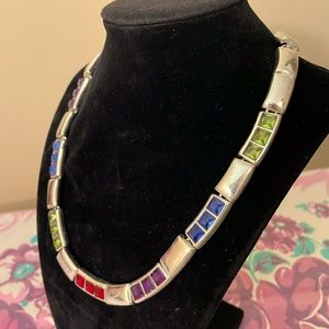 Silvertone Block and princess cut multi-colored  Rhinestones Choker